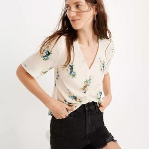 Madewell Center Shirred Corsage Floral Silk Top Womens Size 6 Cream Sheer Blouse